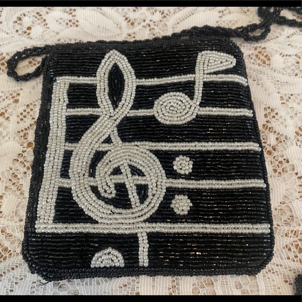 Beaded black evening bag Treble Clef symbol EUC